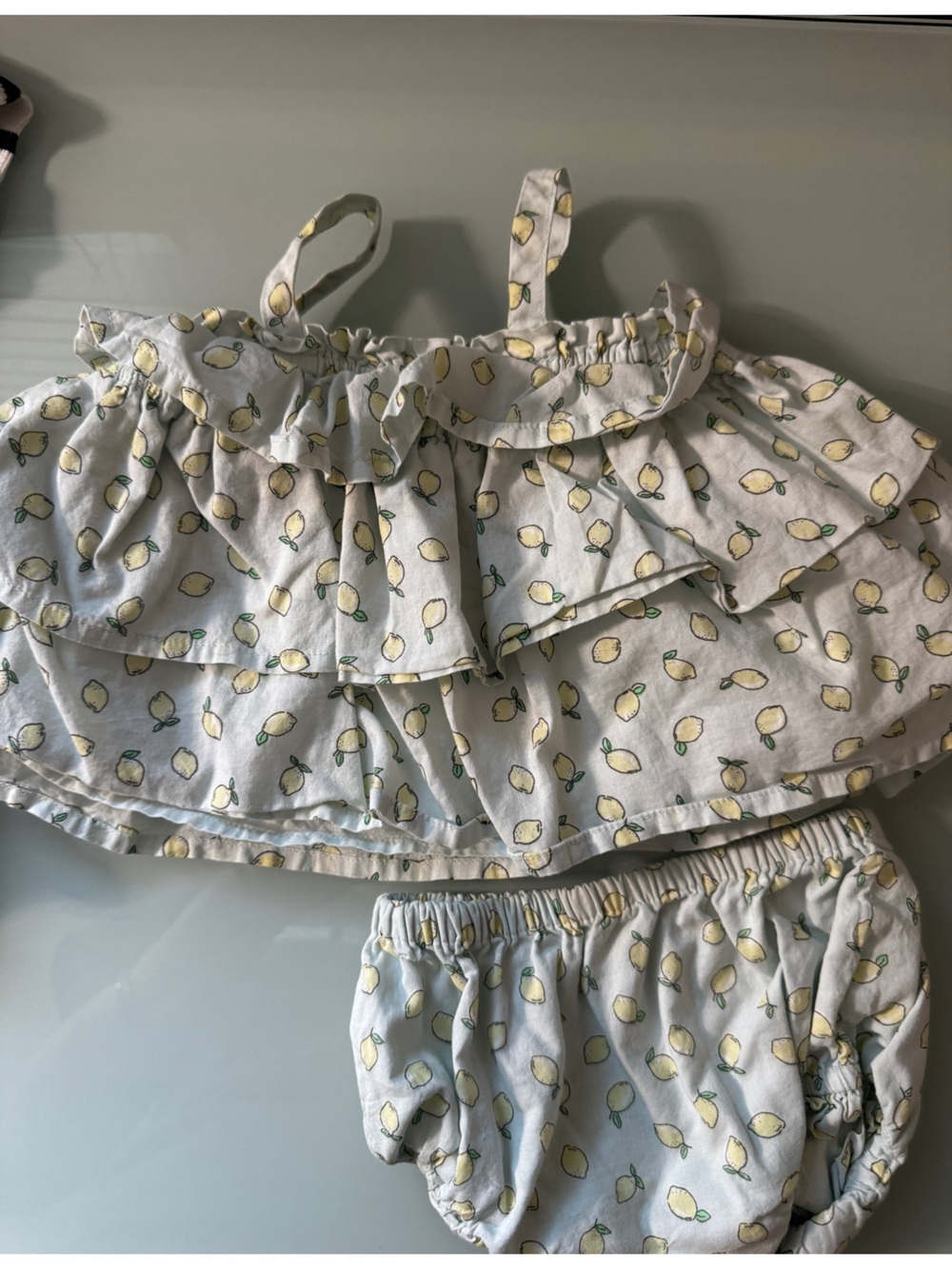 GAP Navy Stripe Top and Lemon Print Blue Matching Set 3-6 months - Picture 3 of 6